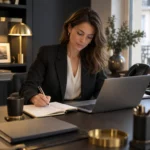 Commerciale préparant ses recherches et ses notes avant un appel.