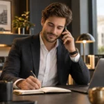 Commercial notant les enseignements d’un appel téléphonique.