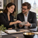 Client et conseillère examinant une solution adaptée à son besoin.