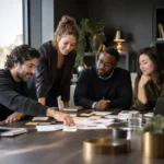 Équipe commerciale coordonnant ses actions autour d’une table.