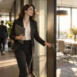 Commerciale ouvrant la porte d’une salle de réunion avec son dossier préparé.