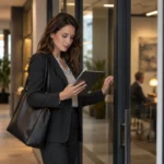 Commerciale consultant ses informations avant de frapper à une porte.