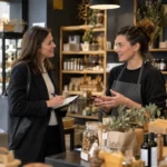 Conseillère échangeant avec un commerçant pour mieux connaître son marché.