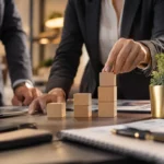 Mains organisant des blocs croissants pour illustrer les étapes du développement.