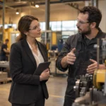 Commercial écoutant un professionnel dans son atelier.