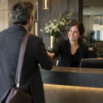 Accueil chaleureux d’un visiteur lors d’un premier contact professionnel.