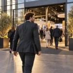 Responsable commercial entrant dans un salon pour explorer un nouveau marché.