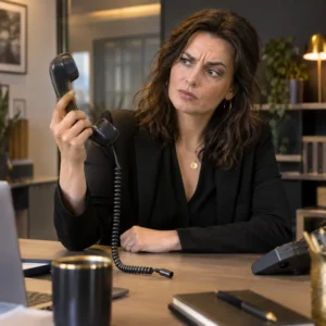 Commerciale perplexe devant un téléphone débranché et un numéro injoignable.