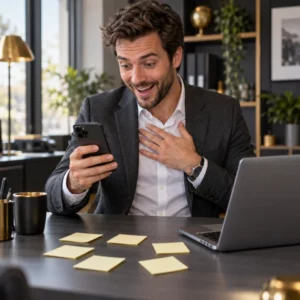Commercial soulagé en découvrant enfin une réponse sur son téléphone.