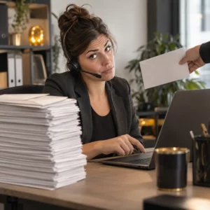 Commerciale au casque devant une pile de courriers, après une demande d’envoi par e-mail.