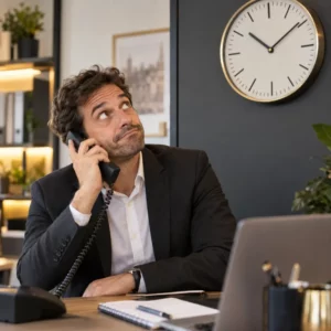 Commercial au téléphone regardant une grande horloge avec patience.