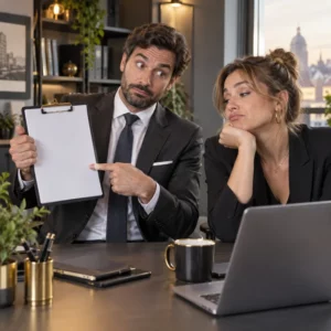 Deux collègues discutent avec scepticisme d’un dossier commercial vide.