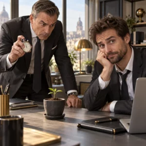 Client impatient chronométrant la croissance d’une jeune pousse sur le bureau du commercial.