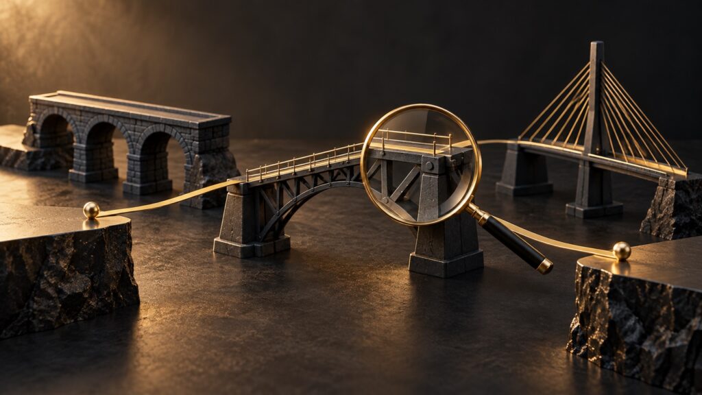 Loupe examinant un pont noir et doré, illustration du choix d’un partenaire commercial.