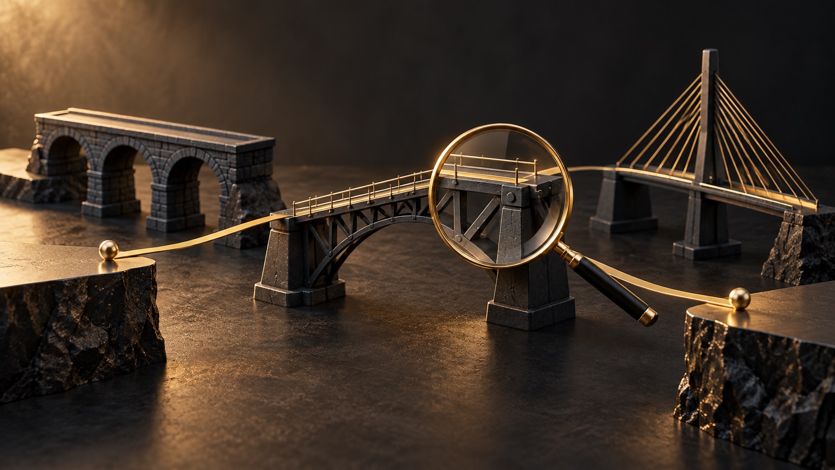 Loupe examinant un pont noir et doré, illustration du choix d’un partenaire commercial.