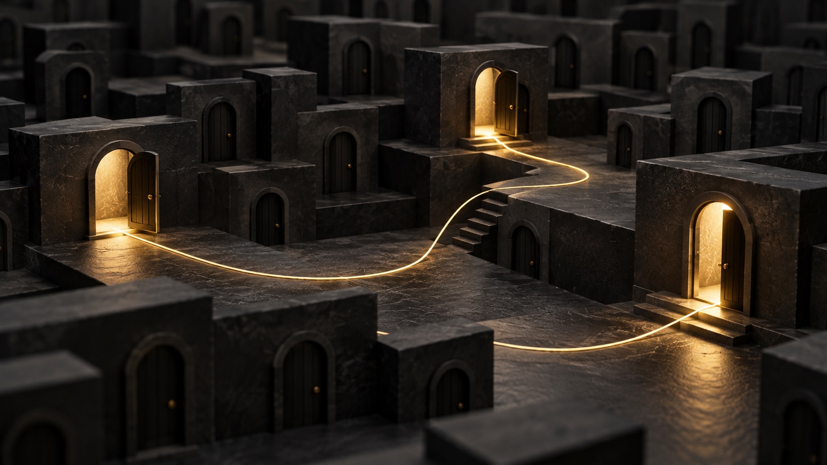 Trois portes éclairées reliées par un chemin doré, illustration de la prospection ciblée de nouveaux clients.